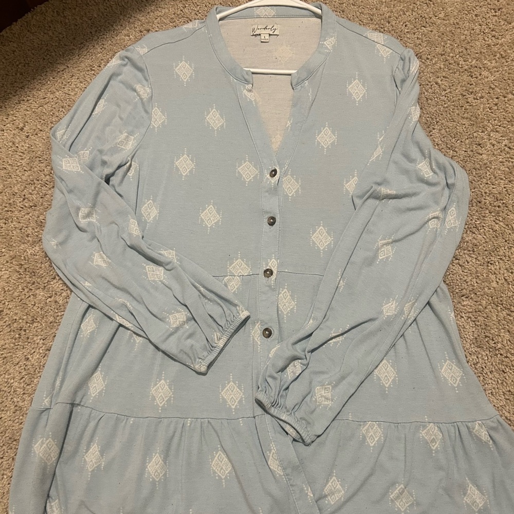 Blue Long Sleeve Button-Up Dress